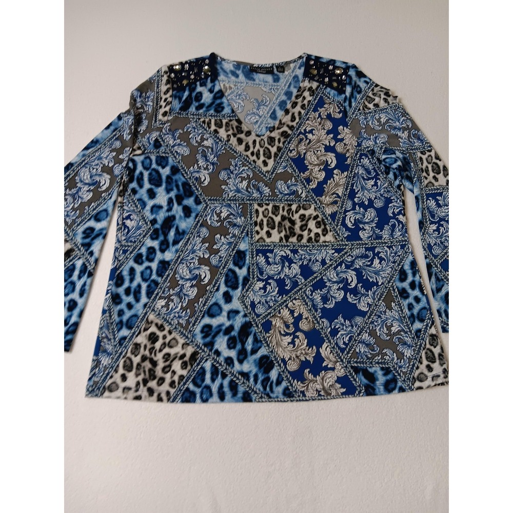 Susan Graver Artisan Blue Animal Print Tunic Womens L V-Neck Rhinestone - Picture 6 of 7